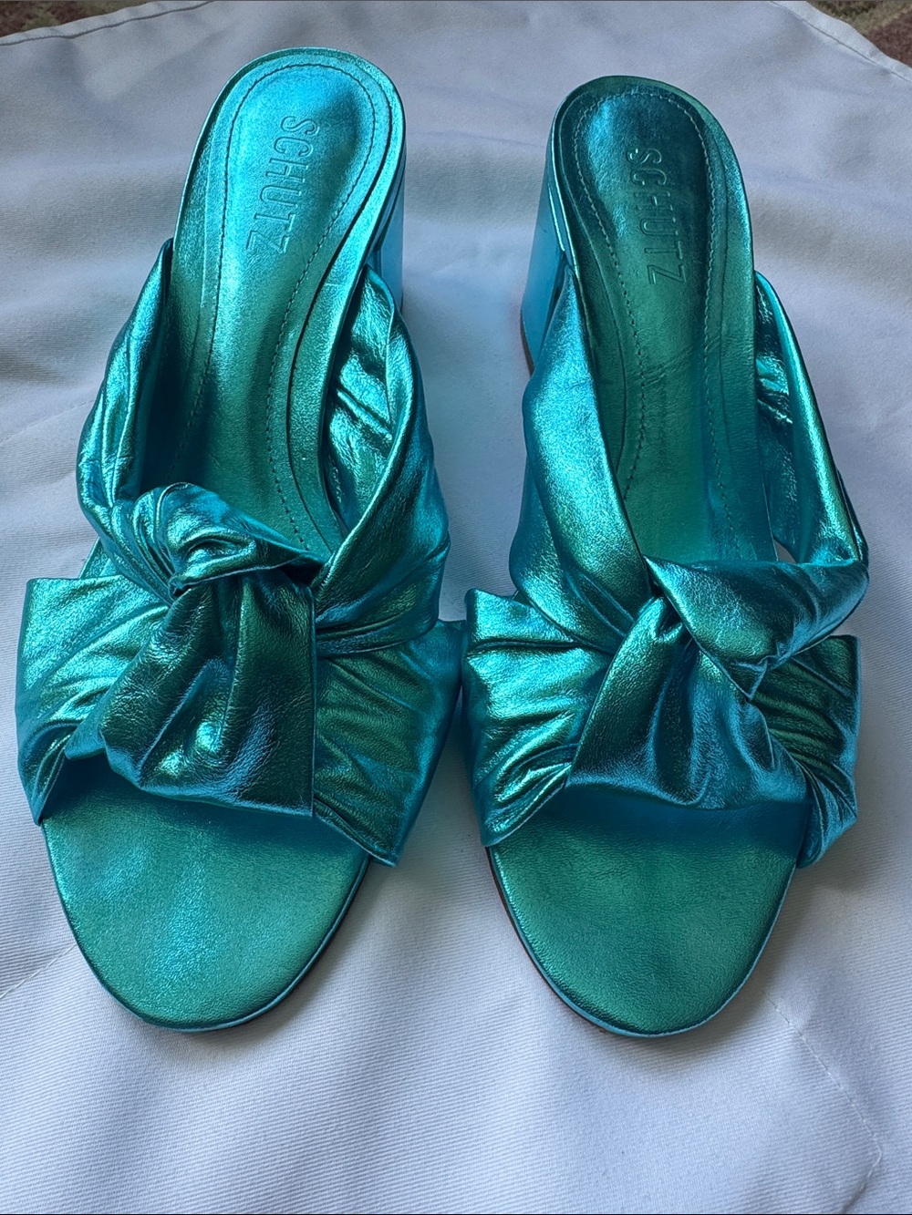 SCHUTZ Metallic Teal Knot-Front Heeled Sandals - Picture 3 of 4
